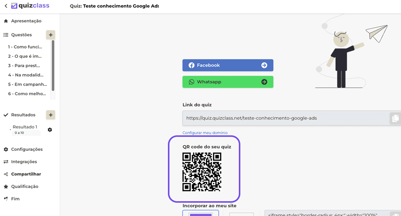 Tela de compartilhamento do QuizClass com QR Code gerado automaticamente para o quiz